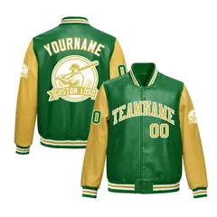 Kelly Green Khaki Raglan Full-Snap Faux Leather Letterman Jacket