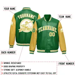 Kelly Green Khaki Raglan Full-Snap Faux Leather Letterman Jacket 2