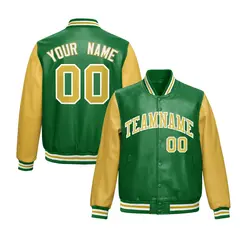Kelly Green Khaki Raglan Full-Snap Varsity Faux Leather Letterman Jacket