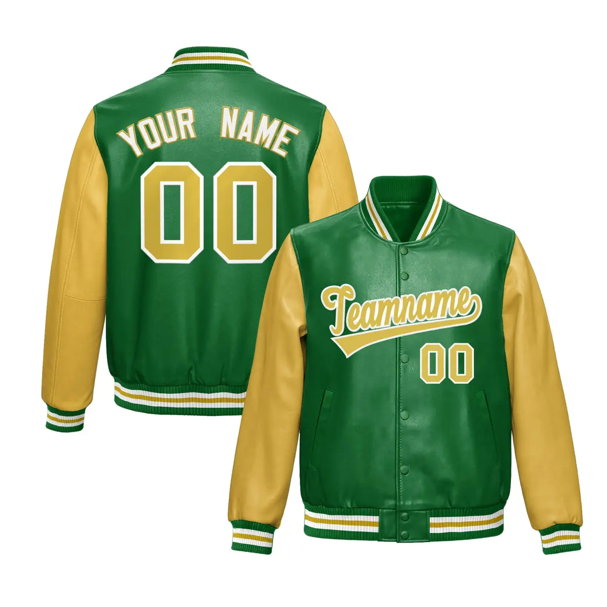 Kelly Green Khaki Raglan Full-Snap Varsity Faux Leather Letterman Jacket