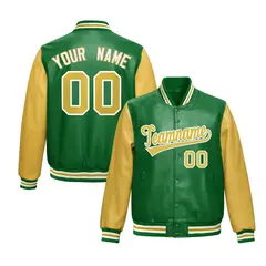 Kelly Green Khaki Raglan Full-Snap Varsity Faux Leather Letterman Jacket 1