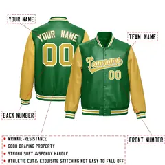 Kelly Green Khaki Raglan Full-Snap Varsity Faux Leather Letterman Jacket 2