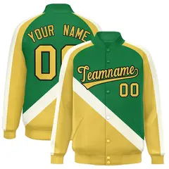 Kelly Green Khaki Raglan Varsity Full-Snap Letterman Baseball Jacket 1