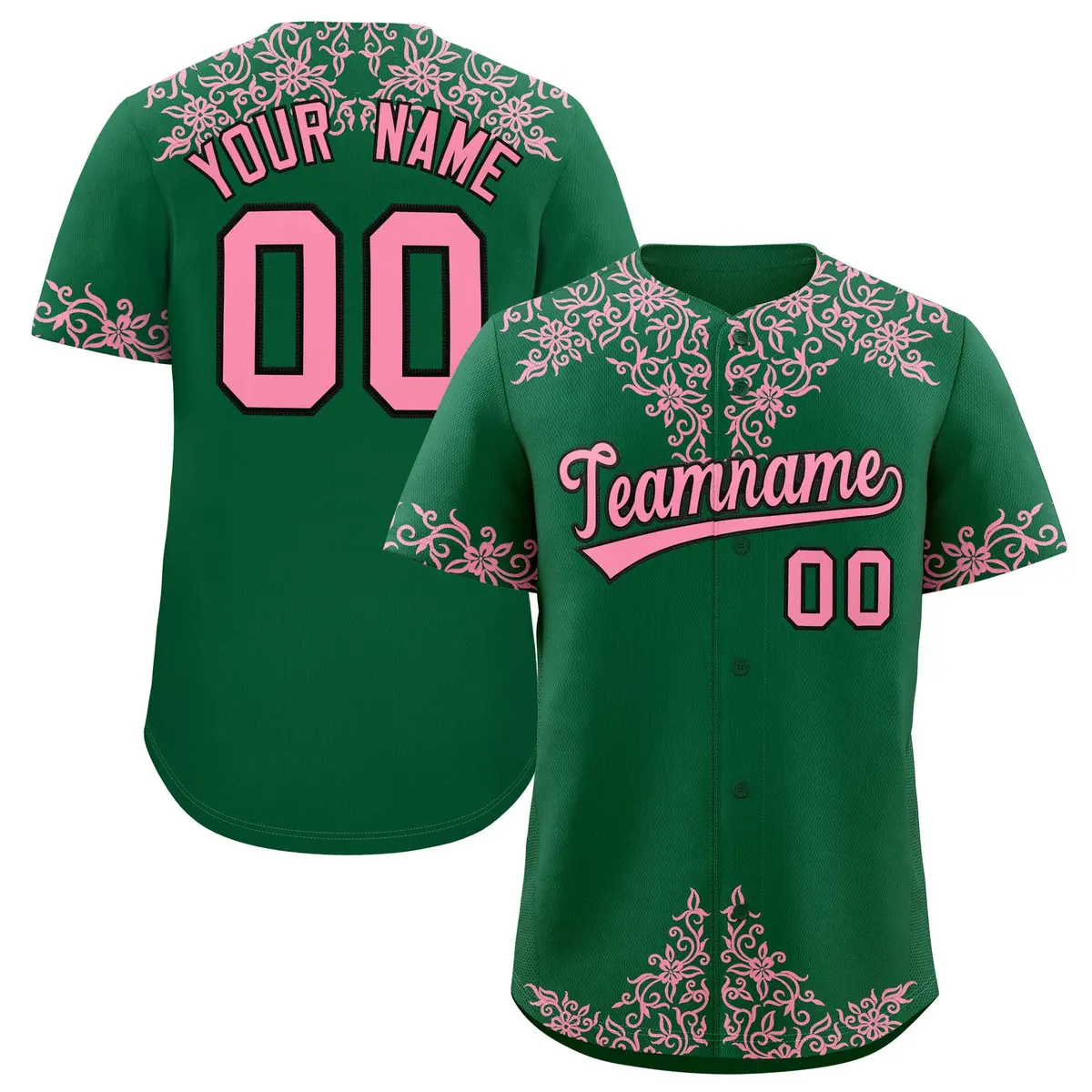 Kelly Green Light Pink Baroque Style Baseball Jersey