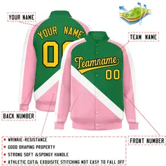 Kelly Green Light Pink Raglan Full-Snap Letterman Baseball Jacket 2