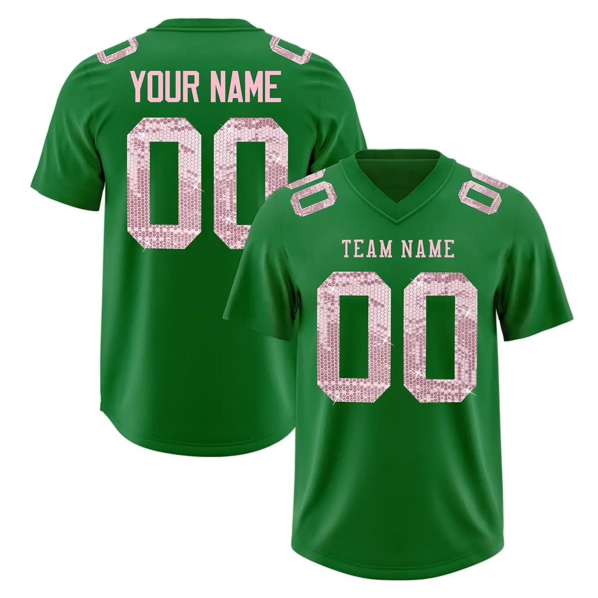 Kelly Green Light Pink Sequin Lettering Football Jersey