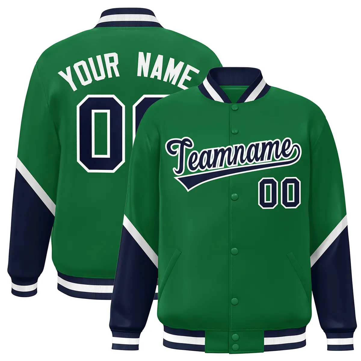 Kelly Green Navy Color Block Varsity Full-Snap Letterman Baseball Jacket