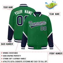 Kelly Green Navy Color Block Varsity Full-Snap Letterman Baseball Jacket 2