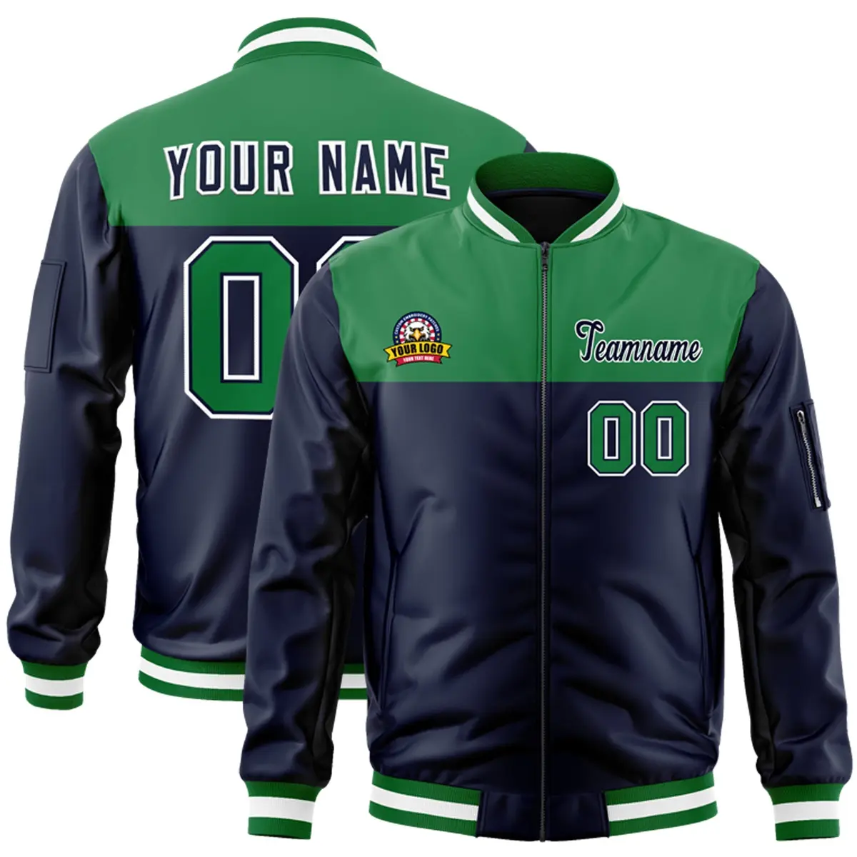Kelly Green Navy Color Block Varsity Letterman Bomber Jacket