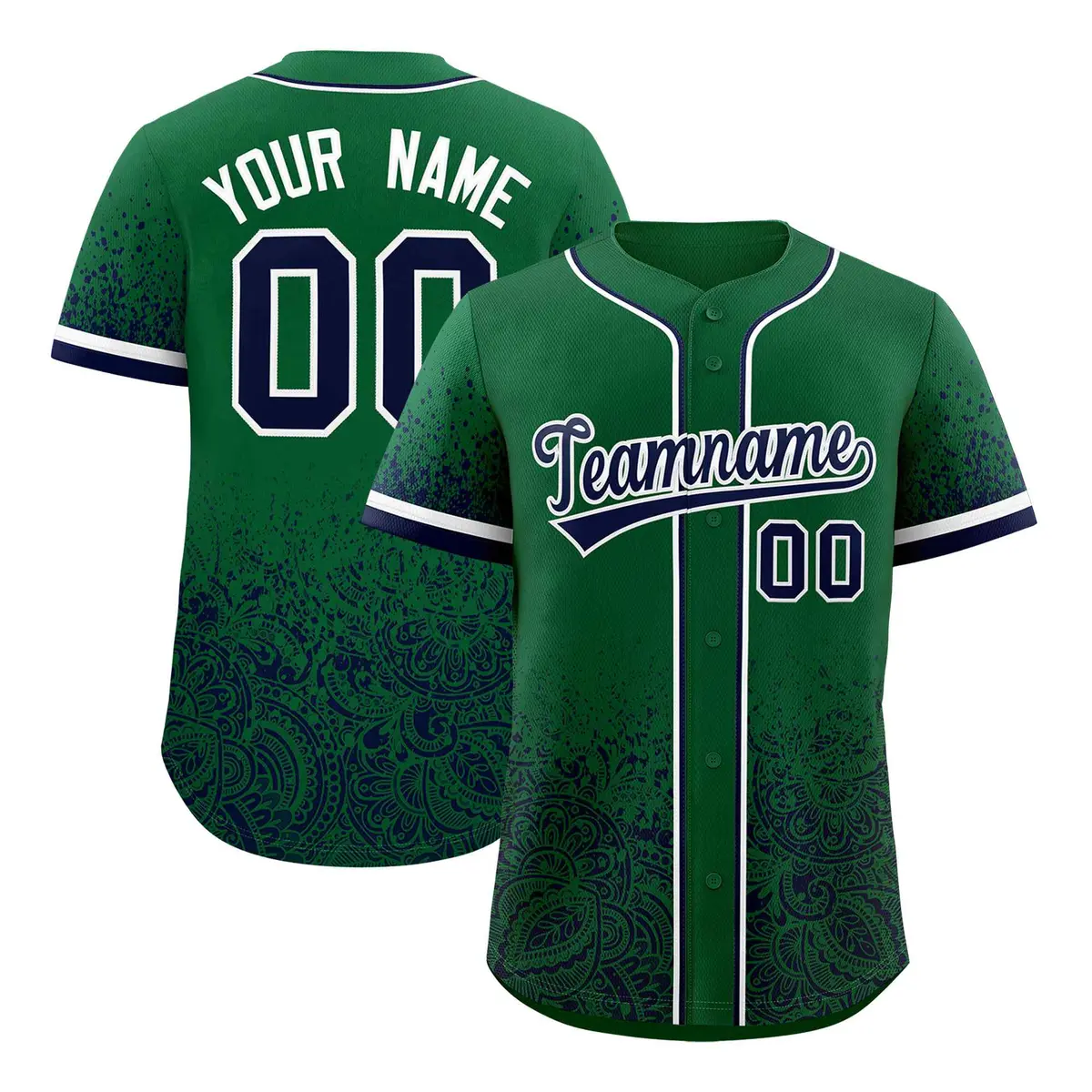 Kelly Green Navy Floral Gradient Full Button Baseball Jersey