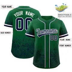 Kelly Green Navy Floral Gradient Full Button Baseball Jersey 2