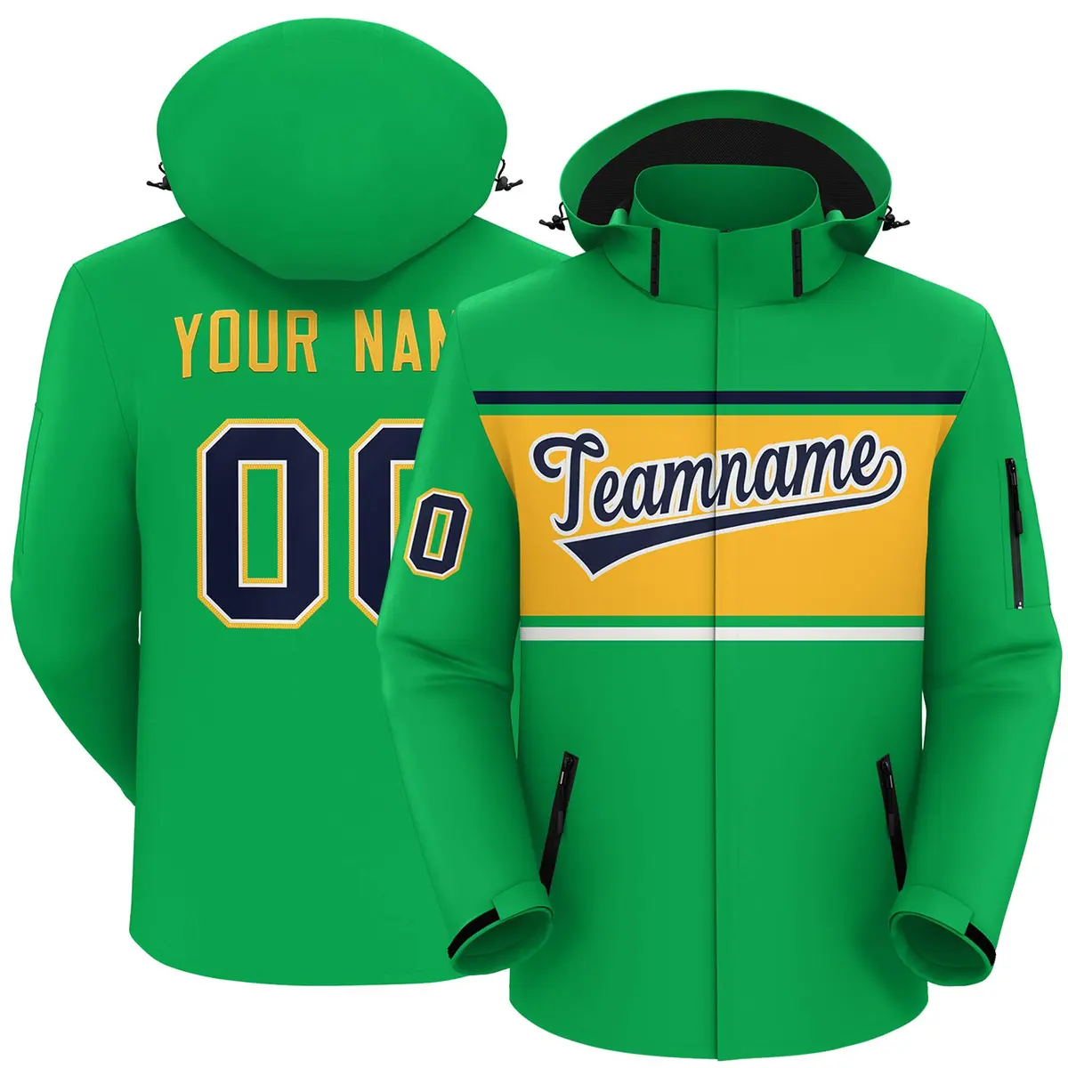 Kelly Green Navy-Gold Color Block Hooded Waterproof Jacket