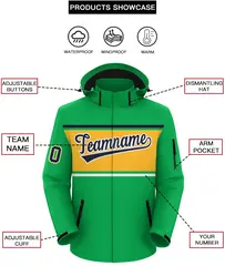Kelly Green Navy-Gold Color Block Hooded Waterproof Jacket 2