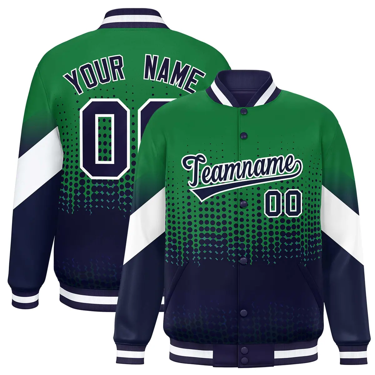 Kelly Green Navy Gradient Polka Dot Full-Snap Letterman Jacket