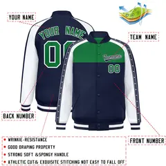 Kelly Green Navy K-Ribbon Raglan Color Block Varsity Letterman Jacket 2