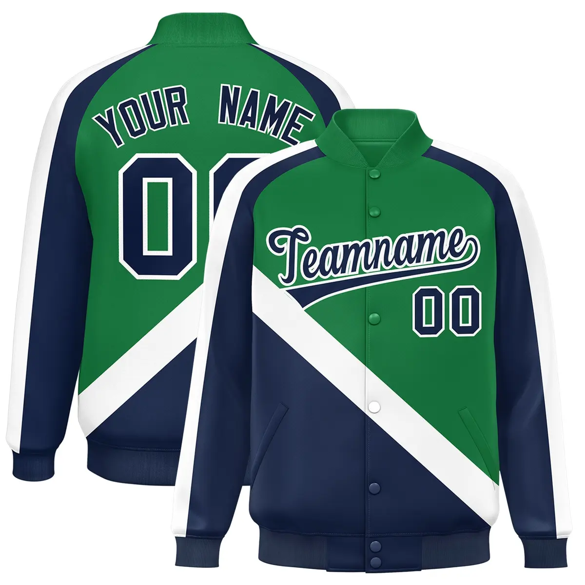 Kelly Green Navy Raglan Varsity Letterman Baseball Jacket