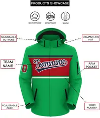 Kelly Green Navy-Red Color Block Hooded Waterproof Jacket 2