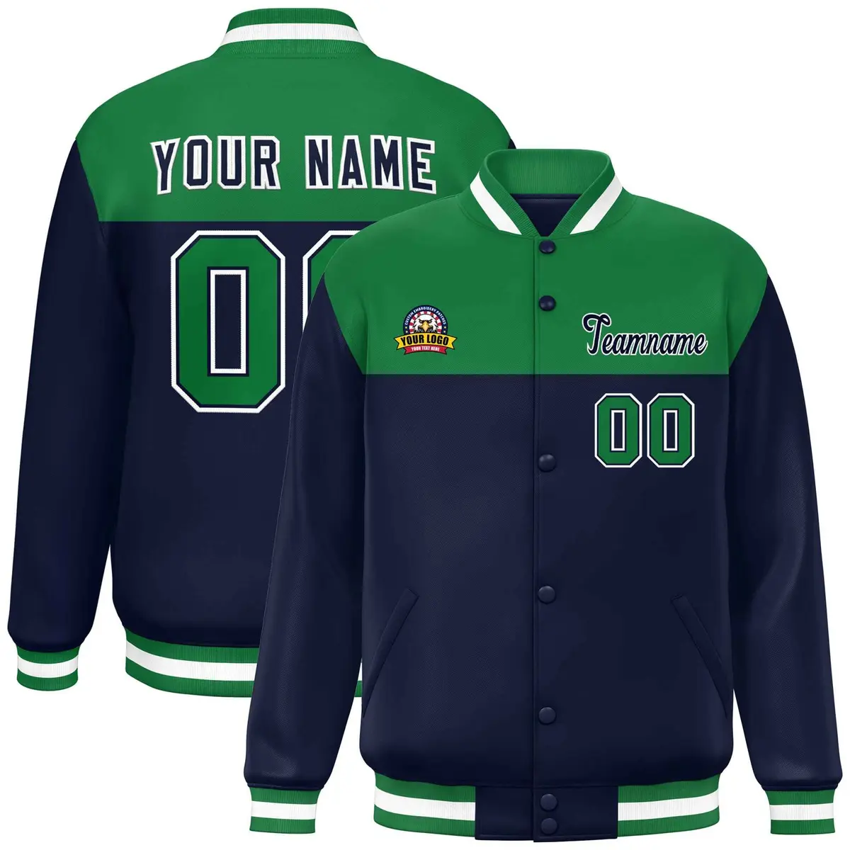 Kelly Green Navy-White Color Block Lettermen Baseball Jacket