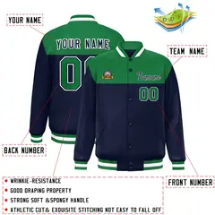 Kelly Green Navy-White Color Block Lettermen Baseball Jacket 2