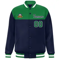 Kelly Green Navy-White Color Block Lettermen Baseball Jacket 3