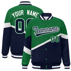 Kelly Green Navy-White Color Block Varsity Baseball Bomber Jacket