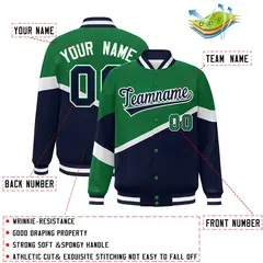 Kelly Green Navy-White Color Block Varsity Baseball Bomber Jacket 2