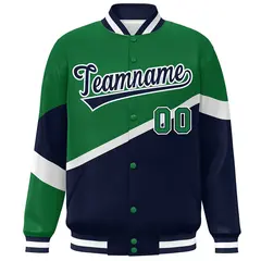 Kelly Green Navy-White Color Block Varsity Baseball Bomber Jacket 3