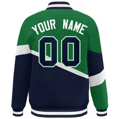 Kelly Green Navy-White Color Block Varsity Baseball Bomber Jacket 4