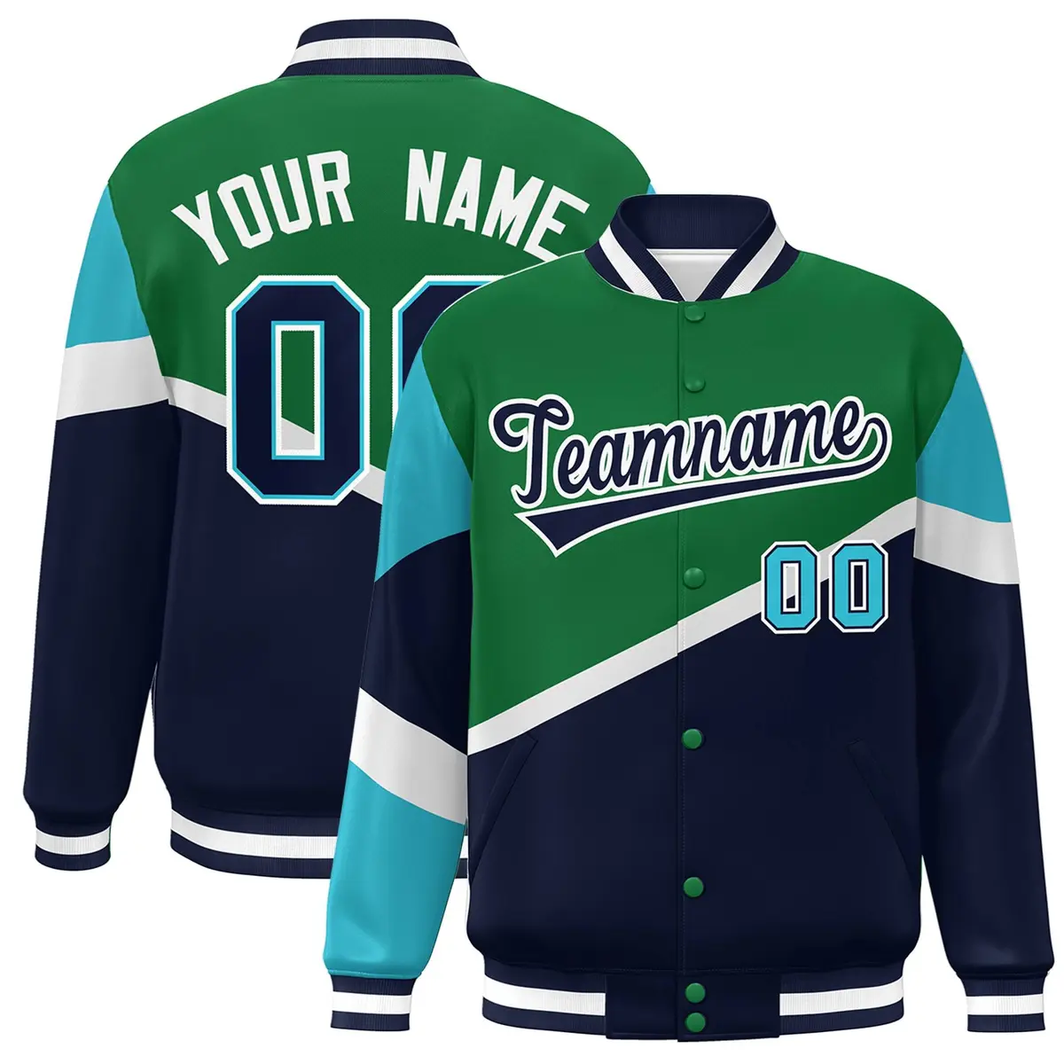 Kelly Green Navy-White Color Block Varsity Baseball Bomber Jacket