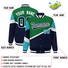 Kelly Green Navy-White Color Block Varsity Baseball Bomber Jacket 2