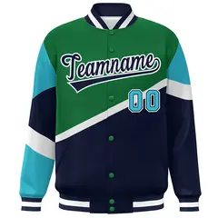 Kelly Green Navy-White Color Block Varsity Baseball Bomber Jacket 3