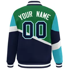 Kelly Green Navy-White Color Block Varsity Baseball Bomber Jacket 4