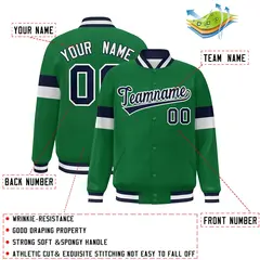 Kelly Green Navy-White Color Block Varsity Full-Snap Baseball Jacket 2