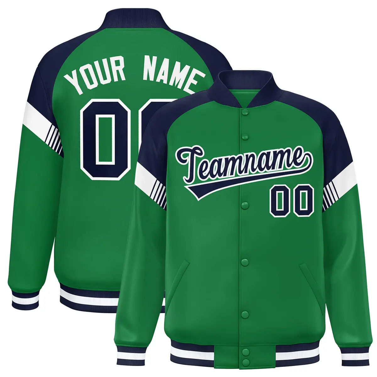 Kelly Green Navy-White Color Block Varsity Full-Snap Letterman Jacket