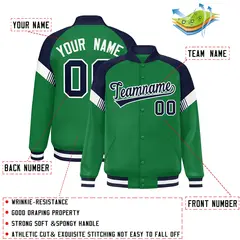 Kelly Green Navy-White Color Block Varsity Full-Snap Letterman Jacket 2