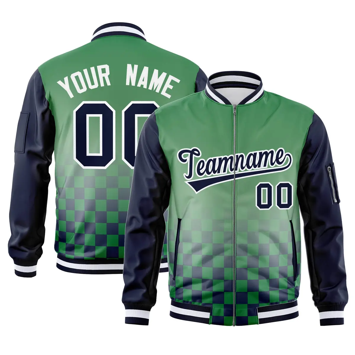 Kelly Green Navy-White Grid Color Block Letterman Raglan Jacket