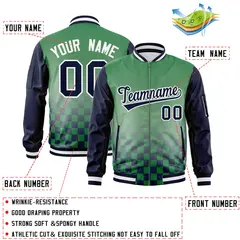 Kelly Green Navy-White Grid Color Block Letterman Raglan Jacket 2