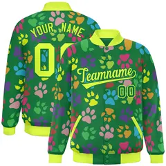 Kelly Green Neon Green Paw Prints Graffiti Varsity Letterman Baseball Jacket