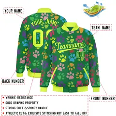 Kelly Green Neon Green Paw Prints Graffiti Varsity Letterman Baseball Jacket 2