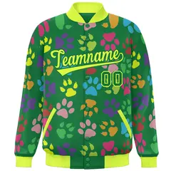 Kelly Green Neon Green Paw Prints Graffiti Varsity Letterman Baseball Jacket 3
