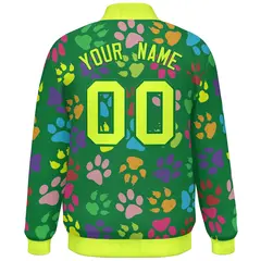 Kelly Green Neon Green Paw Prints Graffiti Varsity Letterman Baseball Jacket 4