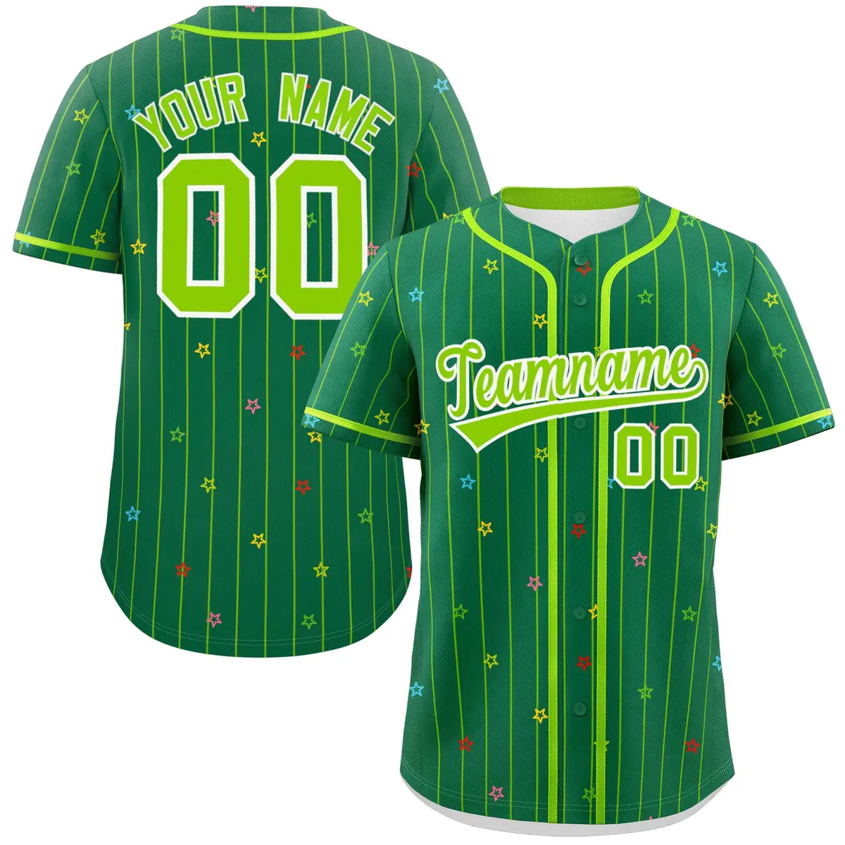 Kelly Green Neon Green Star Pattern Stripe Baseball Jersey