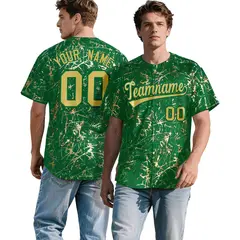 Kelly Green Old Gold Black Shiny Gold Cracked Foil Hip Hop Baseball Jersey 1