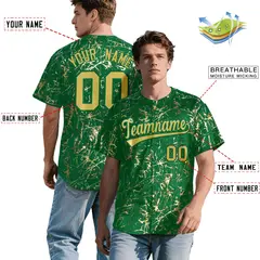Kelly Green Old Gold Black Shiny Gold Cracked Foil Hip Hop Baseball Jersey 2