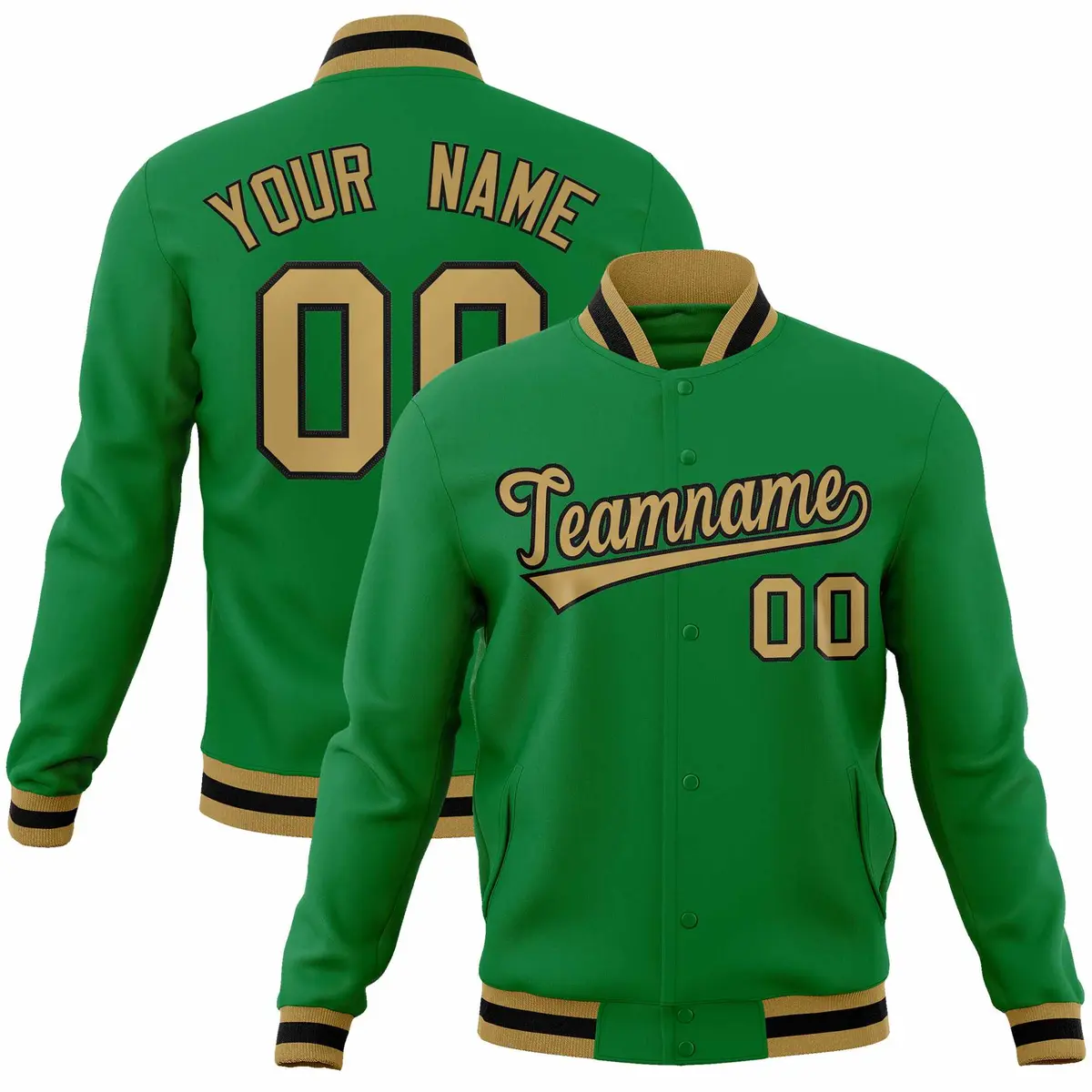 Kelly Green Old Gold-Black Varsity Full-Snap Letterman Jacket