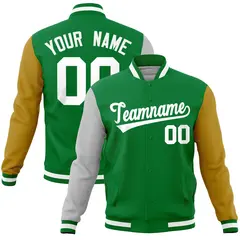 Kelly Green Old Gold-Gray Full-Snap Raglan Varsity Letterman Jacket