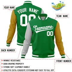 Kelly Green Old Gold-Gray Full-Snap Raglan Varsity Letterman Jacket 4