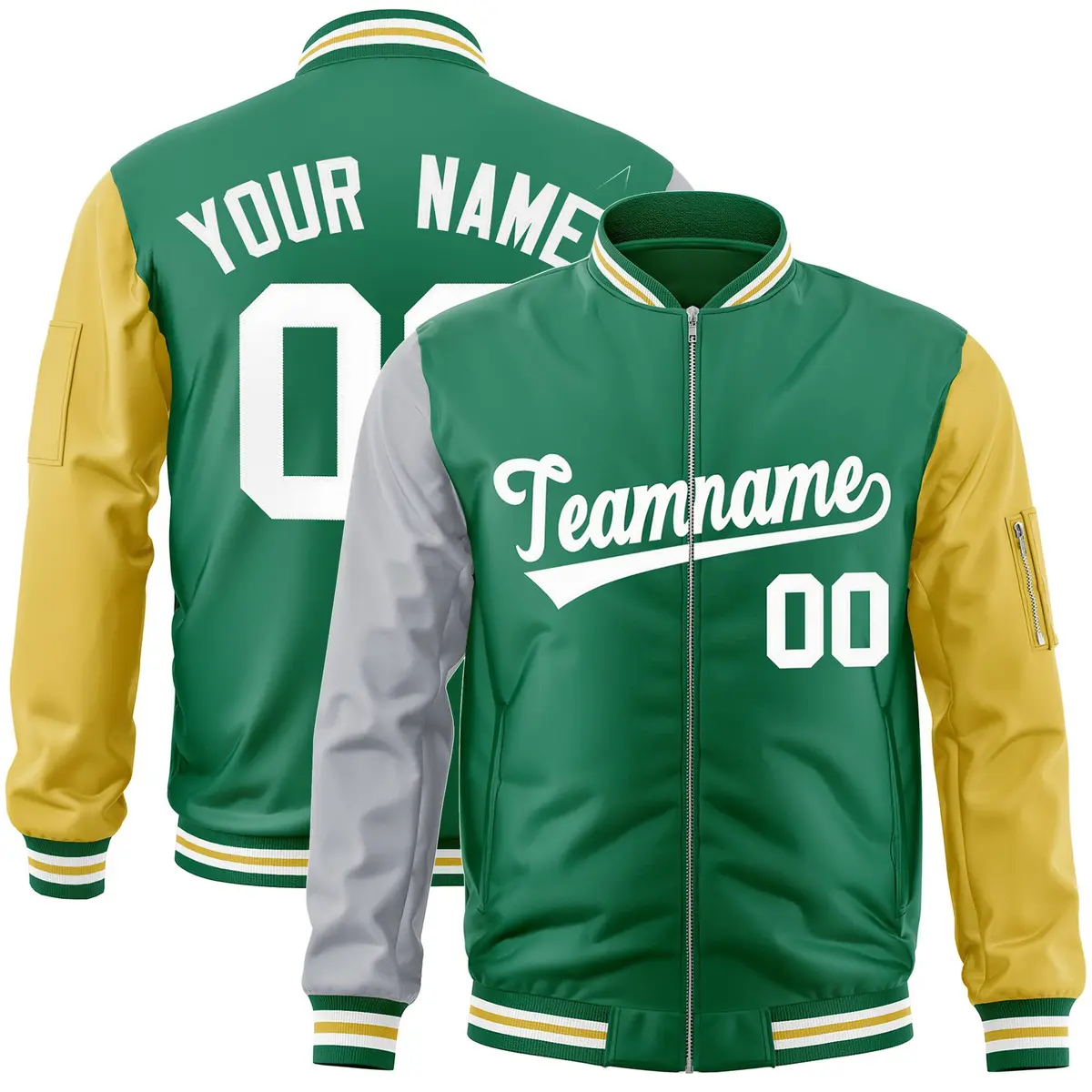 Kelly Green Old Gold-Gray Varsity Full-Zip Raglan Letterman Bomber Jacket