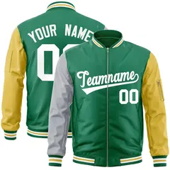 Kelly Green Old Gold-Gray Varsity Full-Zip Raglan Letterman Bomber Jacket 1