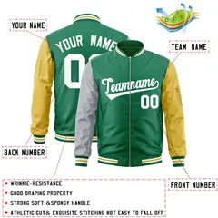 Kelly Green Old Gold-Gray Varsity Full-Zip Raglan Letterman Bomber Jacket 2